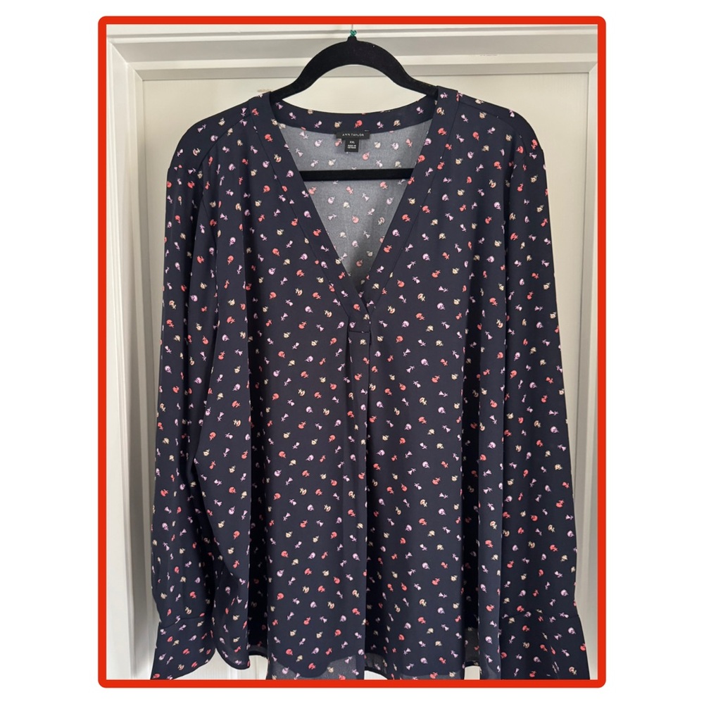 Ann Taylor Navy V-Neck Blouse with Pink Floral Accents